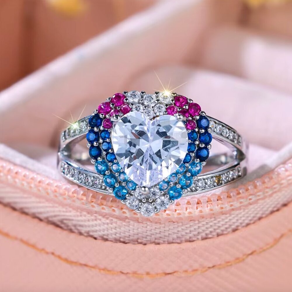 NEW 14k White Gold Rainbow Gemstones Heart Diamond Ring Band Multi Color Stones
